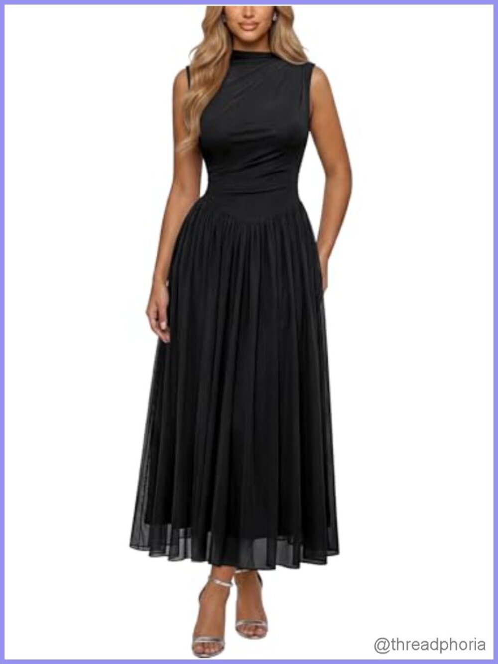 AISIZE Mesh Sleeveless Mock Neck Ruched Waist A-Line Maxi Dress